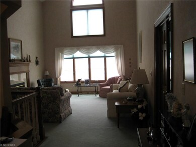 Cathedral ceilinged living room with gas fireplace