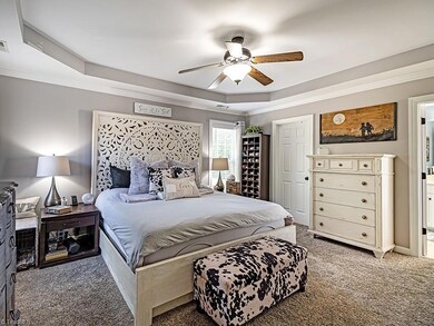 Spacious primary bedroom with trey ceiling, large closet and bath