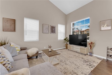 Living room featuring wood finished floors, high v