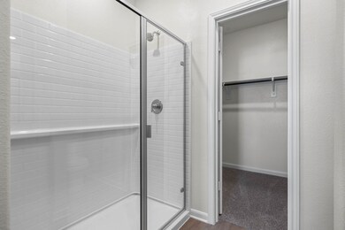 Full bathroom featuring a spacious closet, a stall shower, and dark wood-style flooring
