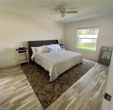 Bedroom featuring light wood finished floors and ceiling fan