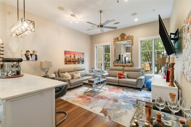 Living room with dark hardwood / wood-style floors