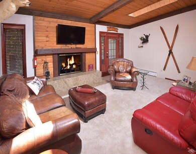 Living room with wood burning fireplace