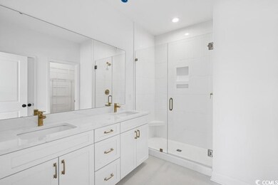 Full bathroom featuring a walk in closet, double vanity, a stall shower, and a sink
