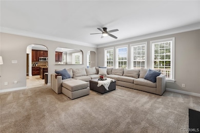 Carpeted living room with plenty of natural light