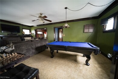 Recreation room featuring billiards, carpet floors, ceiling fan, and ornamental molding