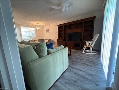 Living room featuring wood finished floors, a chandelier, and ceiling fan