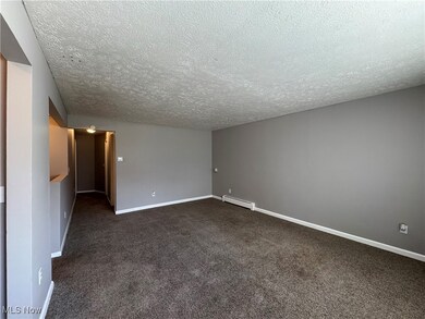 Empty room with baseboard heating, a textured ceiling, and dark colored carpet