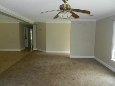 Carpeted empty room featuring ceiling fan and orna