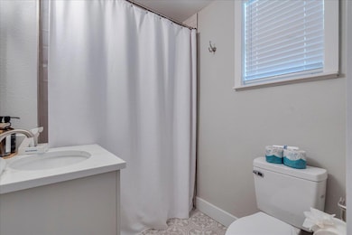 Full bath featuring toilet, vanity, and curtained