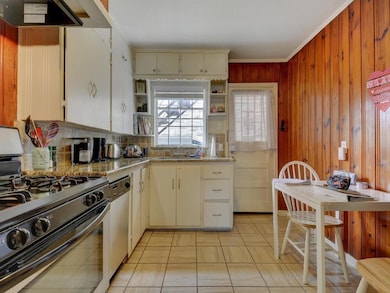 Kitchen with stainless steel appliances, open she