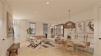 Rendering of living and dining room spaces