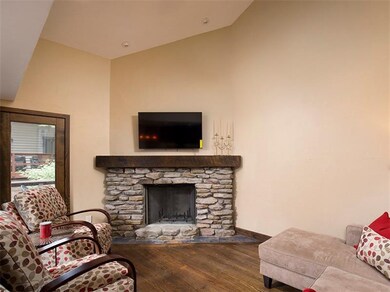 Stone wood burning fireplace with flat screen TV a