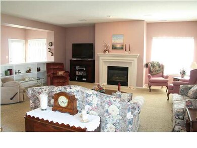 Living Room features a gas fireplace, plush carpet, and built-in bookcases.