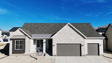 View of front of house with a porch, a garage, concrete driveway, stone siding, and a shingled roof