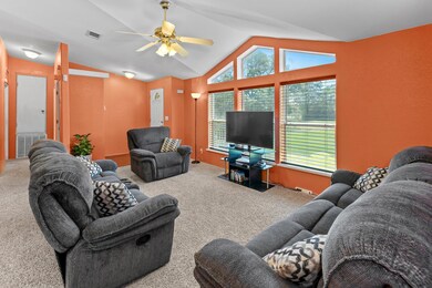 Carpeted living area with vaulted ceiling and a c