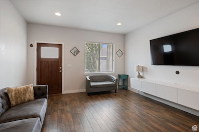 Living room with dark wood-type flooring and recessed lighting