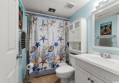 Bathroom featuring vanity, curtained shower, toile
