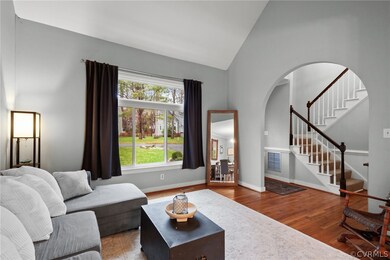Living room with high vaulted ceiling and dark har