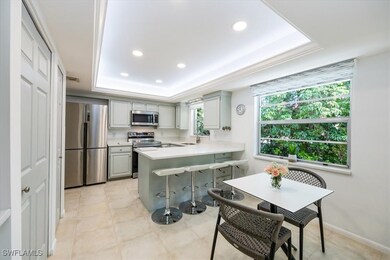 Kitchen featuring a tray ceiling, a peninsula, gray cabinets, light countertops, and appliances with stainless steel finishes