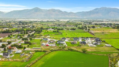 Aerial perspective of suburban area with mountains