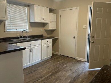 Kitchen with white cabinetry, sink, and dark wood-
