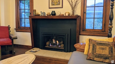 Living area with a warm lit fireplace and dark wood-style flooring