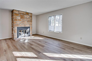 Cozy living room with wood burning and stone fireplace.