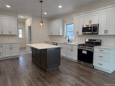 Kitchen featuring stainless steel appliances, white cabinets, dark wood-style floors, hanging light fixtures, and light stone counters