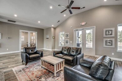 Living room with high vaulted ceiling, french door