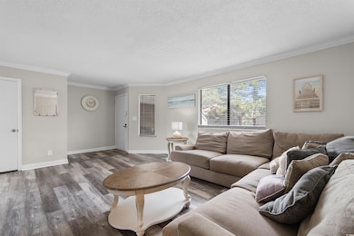 Living area featuring ornamental molding, wood fin