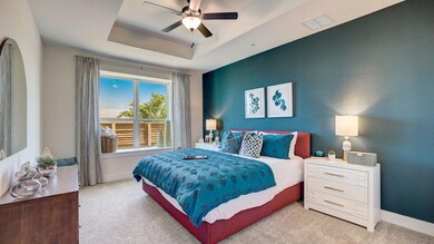 Bedroom featuring carpet floors, a raised ceiling