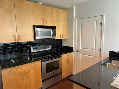 Kitchen with stainless steel appliances, a sink, backsplash, dark stone countertops, and dark wood-style floors