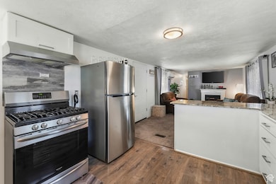 Kitchen featuring dark wood-style flooring, stainless steel appliances, white cabinets, under cabinet range hood, and open floor plan