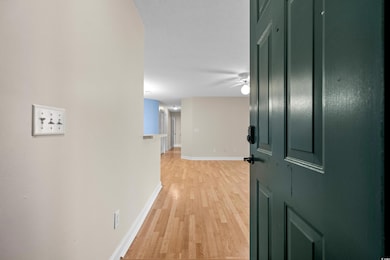 Hall with light wood-style floors and baseboards