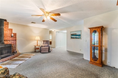 Carpeted living room with a wood stove, a ceiling