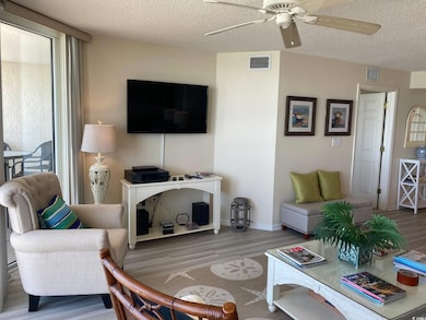 Living area featuring ceiling fan, visible vents, 