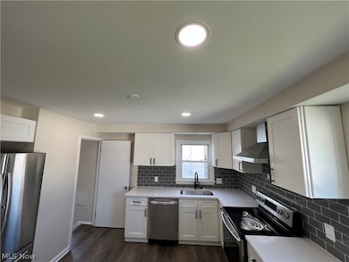 Kitchen featuring stainless steel appliances, wall chimney range hood, white cabinetry, sink, and dark hardwood / wood-style flooring