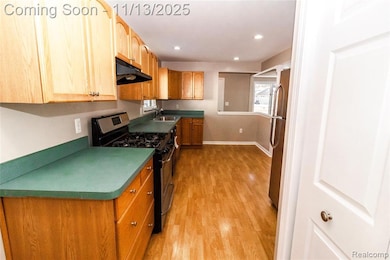 Kitchen featuring appliances with stainless steel finishes, under cabinet range hood, light wood-type flooring, recessed lighting, and light brown cabinetry