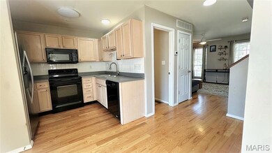 Kitchen featuring black appliances, tasteful backsplash, light brown cabinets, light wood-style flooring, and dark countertops