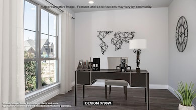 Office space with dark wood-type flooring and recessed lighting