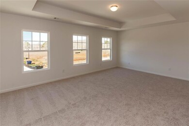 Empty room with carpet floors, a raised ceiling, v