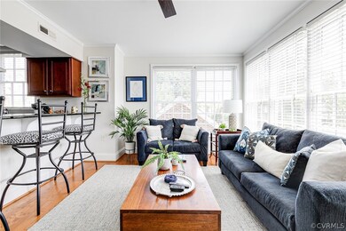 Living room with view of kitchen