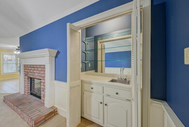 Bathroom featuring a fireplace, vanity, and ceilin