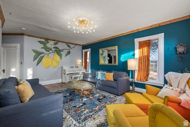 Living area with crown molding, a chandelier, wood finished floors, a textured ceiling, and a baseboard heating unit