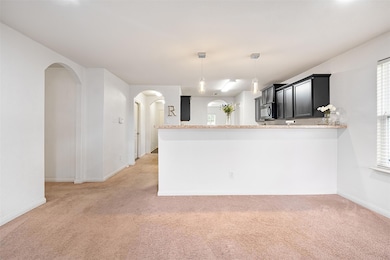 Kitchen with arched walkways, a peninsula, light 