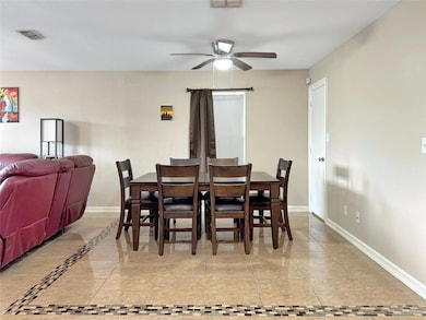 Dining area featuring baseboards, visible vents, and a ceiling fan
