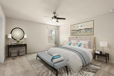 Bedroom featuring light carpet, baseboards, and ce