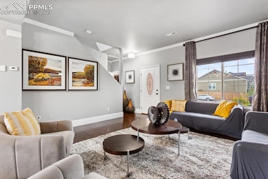 Living room with dark wood-type flooring