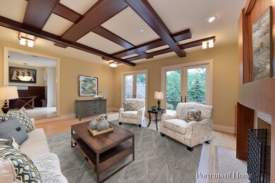 Family room with custom beams